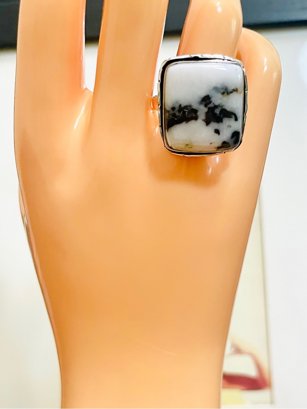 White Buffalo Turquoise Square Statement Ring Sterling Silver Overlay NWOT